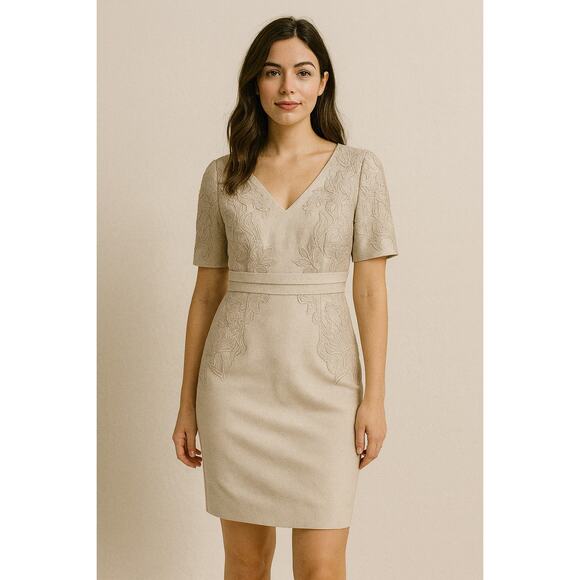 ANTONIO MELANI Dresses & Skirts - Antonio Melani Beige Lace Jacquard Sheath Dress 6 Champagne Career Semi Formal